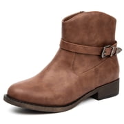 Ataiwee Womens Ankle Boots, Block Low Heel Adjustable Buckle Booties, Round Toe Side Zipper Casual Boots for Fall and Winter Daily Wear.