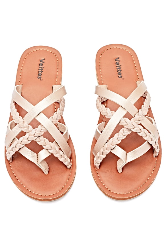 Women's Flat Slide Sandals - Casual Comfort Braided Multiple Cross Pinstripe Flat Summer Sandals.
