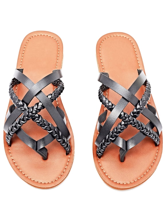 Women's Flat Slide Sandals - Casual Comfort Braided Multiple Cross Pinstripe Flat Summer Sandals.