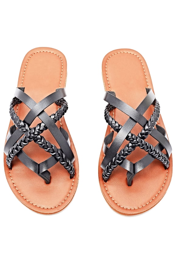 Women's Flat Slide Sandals - Casual Comfort Braided Multiple Cross Pinstripe Flat Summer Sandals.