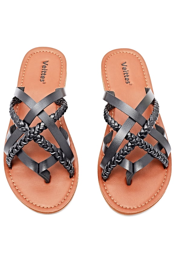 Women's Flat Slide Sandals - Casual Comfort Braided Multiple Cross Pinstripe Flat Summer Sandals.