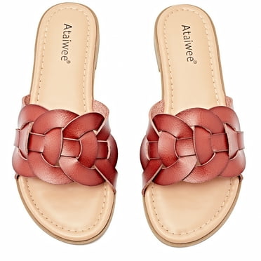 Ataiwee Women's Flat Slide Sandals - Casual Ladies Round Slip-On Cross Strap Summer Sandals.