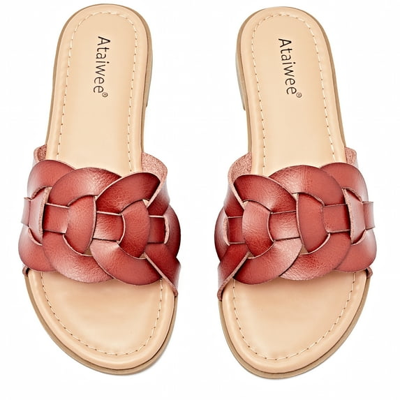 Ataiwee Women's Flat Slide Sandals - Casual Ladies Round Slip-On Cross Strap Summer Sandals.