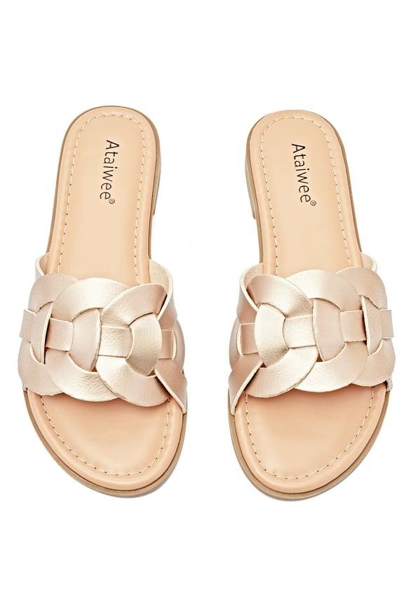 Ataiwee Women's Flat Slide Sandals - Casual Ladies Round Slip-On Cross Strap Summer Sandals.