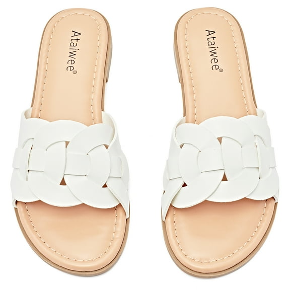 Ataiwee Women's Flat Slide Sandals - Casual Ladies Round Slip-On Cross Strap Summer Sandals.