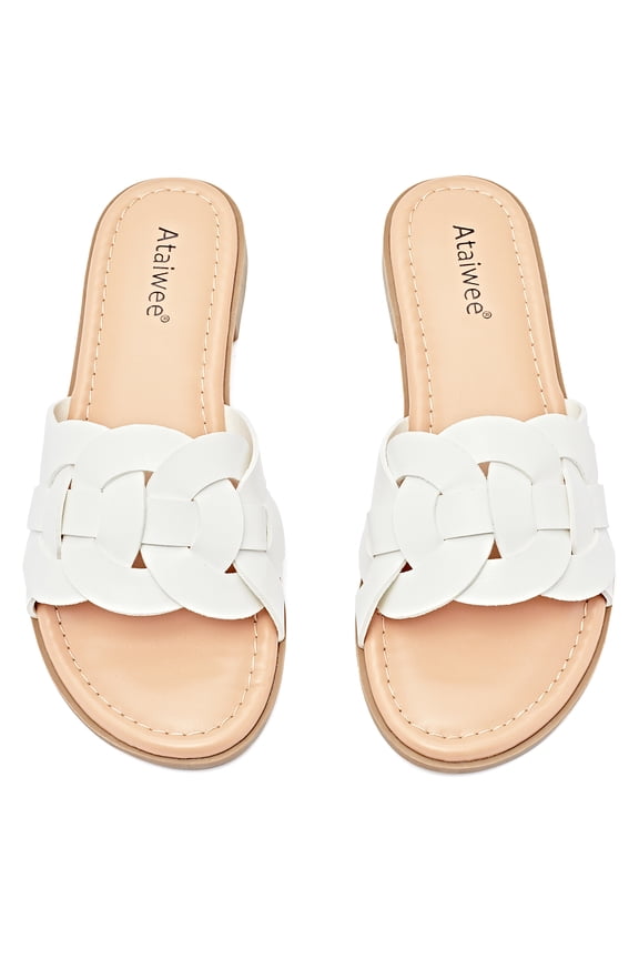 Ataiwee Women's Flat Slide Sandals - Casual Ladies Round Slip-On Cross Strap Summer Sandals.