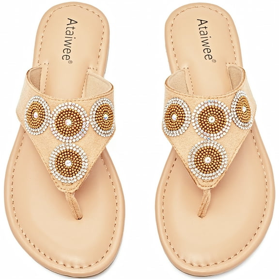 Ataiwee Women's Flat Slide Sandals - Comfortable Bling Simple Strappy Bohemian Thong Summer Flat Sandals.
