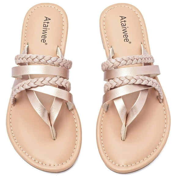 Ataiwee Women's Flat Slide Sandals, Fashion Strappy Braided Slip On Flat Summer Shoes.
