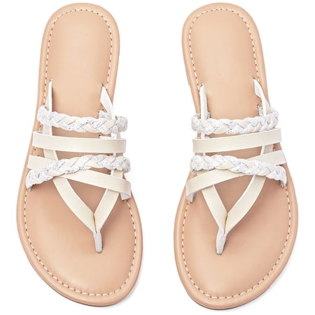 Ataiwee Women's Flat Slide Sandals, Fashion Strappy Braided Slip On Flat Summer Shoes.