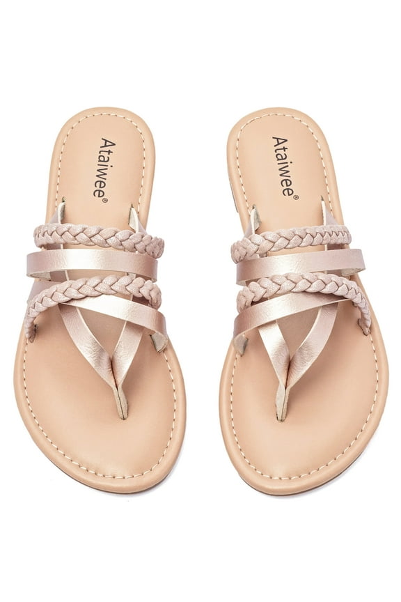 Ataiwee Women's Flat Slide Sandals, Fashion Strappy Braided Slip On Flat Summer Shoes.