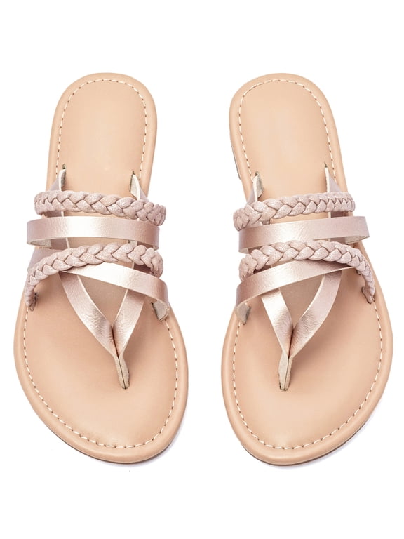 Women's Flat Slide Sandals, Fashion Strappy Braided Slip On Flat Summer Shoes.