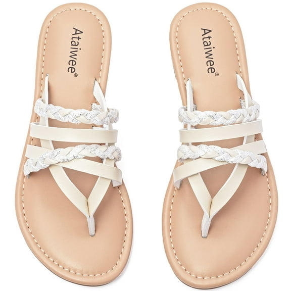Ataiwee Women's Flat Slide Sandals, Fashion Strappy Braided Slip On Flat Summer Shoes.