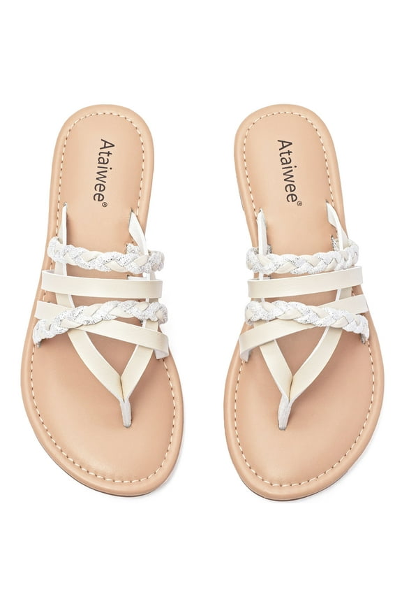 Ataiwee Women's Flat Slide Sandals, Fashion Strappy Braided Slip On Flat Summer Shoes.
