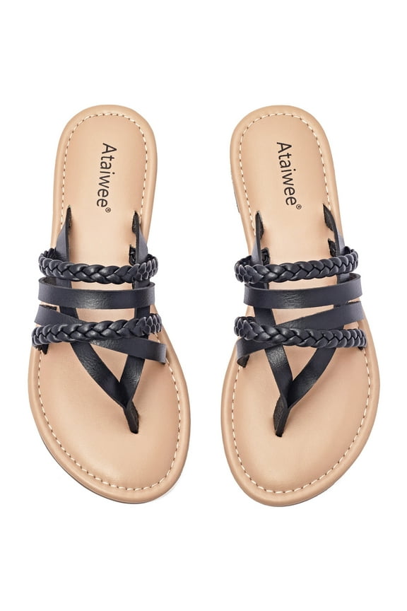 Ataiwee Women's Flat Slide Sandals, Fashion Strappy Braided Slip On Flat Summer Shoes.