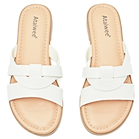 Ataiwee Women's Flat Slide Sandals - Ladies Casual Slip On Criss Cross Strap Summer Shoes.