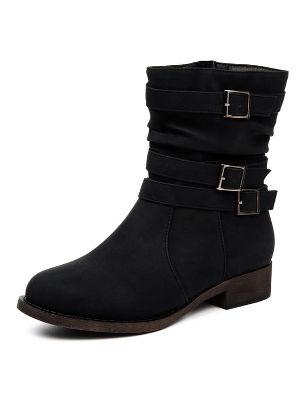 Women's Mid-Calf Boots, Lightweight Non-Slip Sole PU Leather Cowboy Boots, Double Buckle Side Zipper Casual Outdoor Daily Boots.