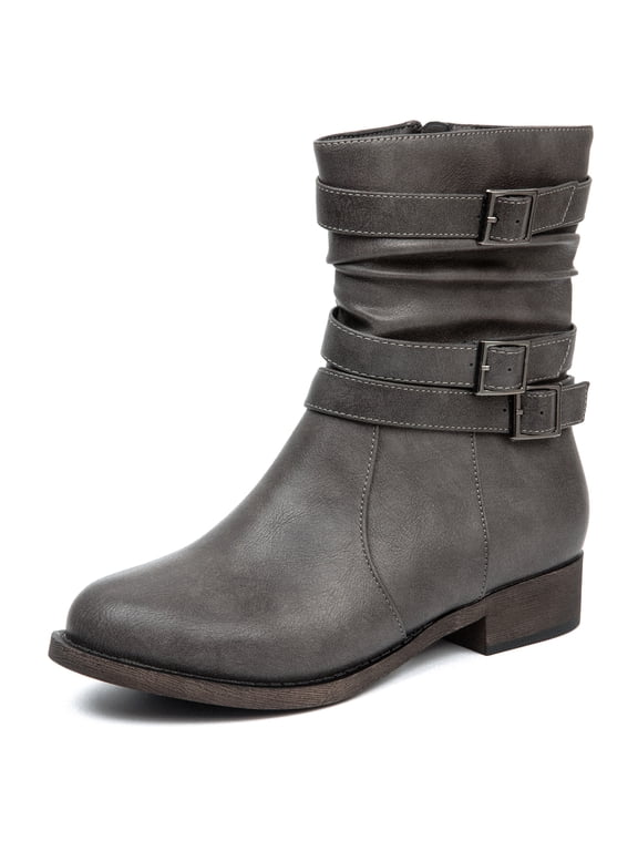 Women's Mid-Calf Boots, Lightweight Non-Slip Sole PU Leather Cowboy Boots, Double Buckle Side Zipper Casual Outdoor Daily Boots.