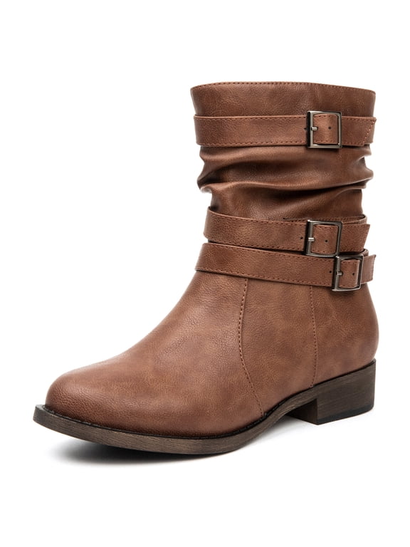 Women's Mid-Calf Boots, Lightweight Non-Slip Sole PU Leather Cowboy Boots, Double Buckle Side Zipper Casual Outdoor Daily Boots.