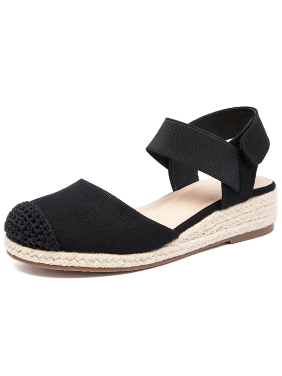 Women's Platform Wedge Heel Espadrille Sandals - Hook-and-Loop Closure with Ankle Strap, Comfortable Insole, lightweight Rubber Sole, Close-Toe Casual Summer Sandals.