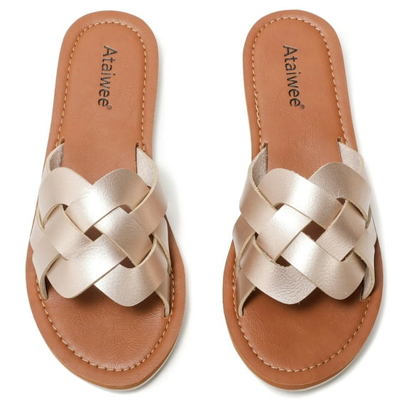Ataiwee Women's Slide Sandals, Fashion Strappy Braided Slip On Flat Summer Shoes.
