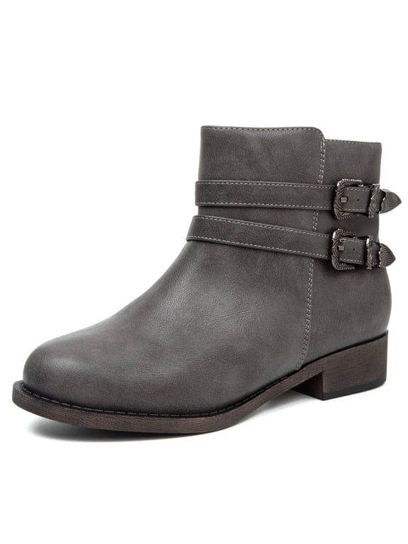 Women's Western Ankle Boots, Low Heel Dual Buckle Booties, Side Zipper Non-Slip Sole Casual Boots for Fall Winter Daily Wear.