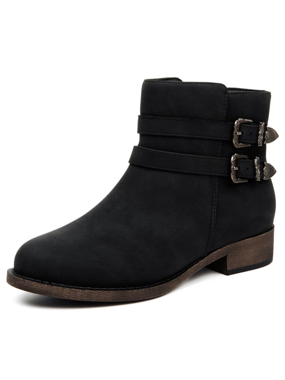 Women's Western Ankle Boots, Low Heel Dual Buckle Booties, Side Zipper Non-Slip Sole Casual Boots for Fall Winter Daily Wear.