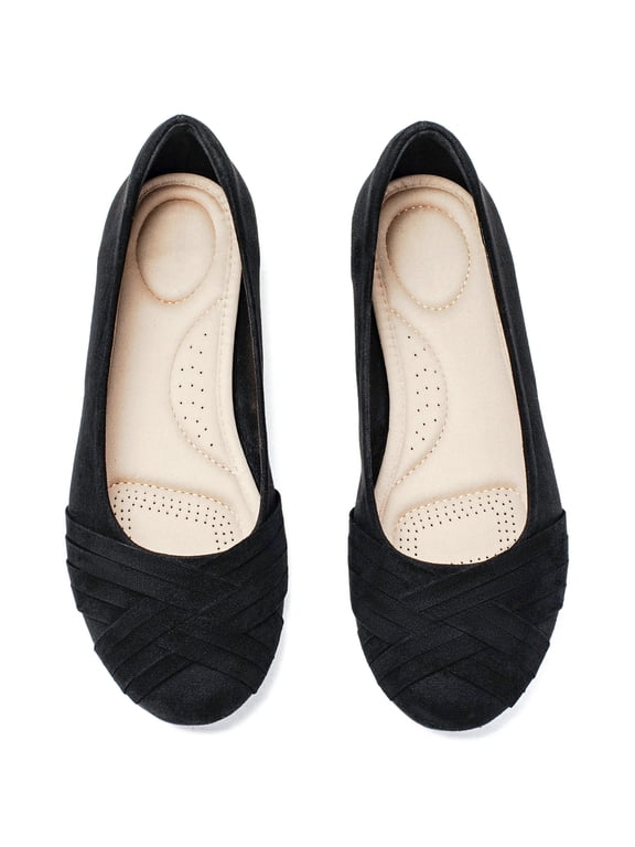 Women's Wide Width Flat Shoes, Classy Soft Round Toe Cross Line Design Ballet Flats.(2109002,BK/MF,10 Wide)