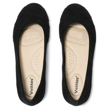 Ataiwee Women's Wide Width Flat Shoes, Classy Soft Round Toe Cross Line Design Ballet Flats.(2109002,BK/MF,7 Wide)