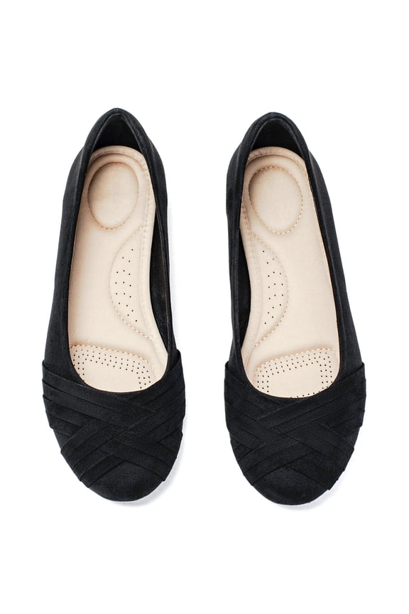 Women's Wide Width Flat Shoes, Classy Soft Round Toe Cross Line Design Ballet Flats.(2109002,BK/MF,9 Wide)