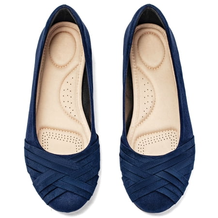 Ataiwee Women's Wide Width Flat Shoes, Classy Soft Round Toe Cross Line Design Ballet Flats.(2109002,BL/MF,12 Wide)