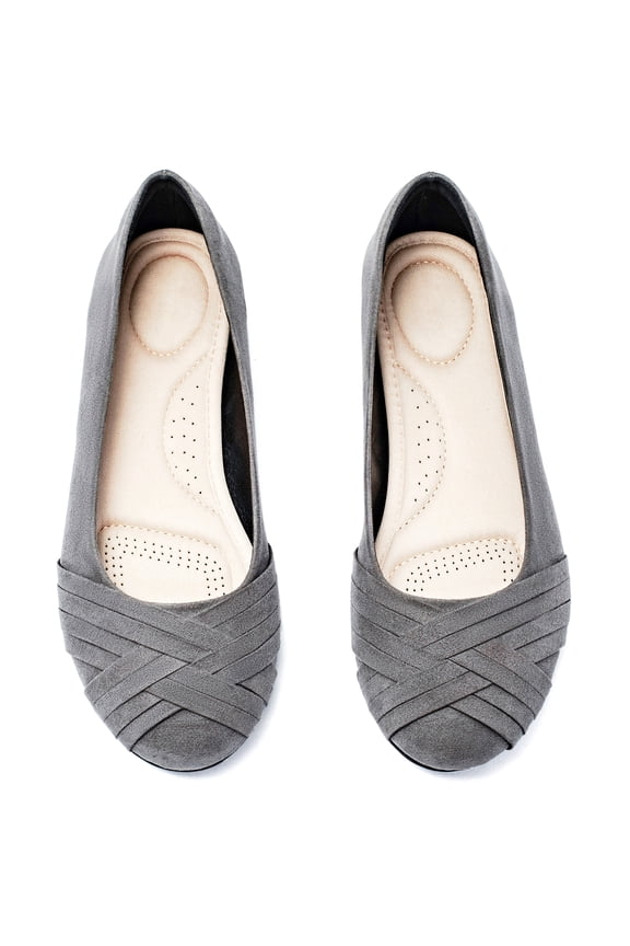 Women's Wide Width Flat Shoes, Classy Soft Round Toe Cross Line Design Ballet Flats.(2109002,GR/MF,13 Wide)