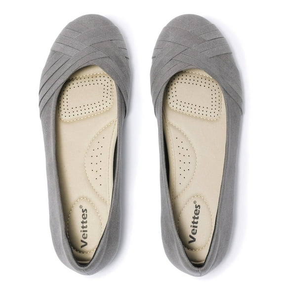 Women's Wide Width Flat Shoes, Classy Soft Round Toe Cross Line Design Ballet Flats.(2109002,GR/MF,9.5 Wide)