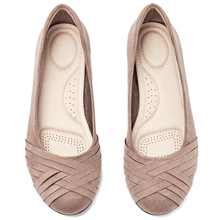 Ataiwee Women's Wide Width Flat Shoes, Classy Soft Round Toe Cross Line Design Ballet Flats.(2109002,TA/MF,10 Wide)