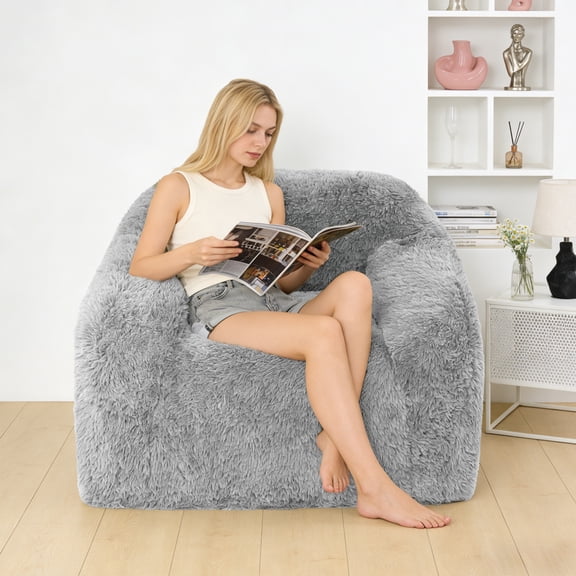 Atalas Mattress Faux Fur Cloud Sofa with Pocket Spring Seat, Boneless Floor Couch with High-Density Foam, Wide Armrests & Backrest, Compression Sofa in a Box, No Assembly, Light Gray