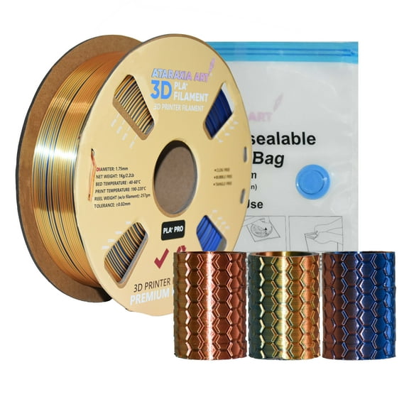 Ataraxia Art Silk PLA Filament 1.75mm TriColor Shiny 3D Printer Filament, Dimensional Accuracy ±.03mm,1kg/2.2lb Spool Fits Most FDM 3D Printers, With Filament Storge Bags, Silk PLA Gold-Copper-Blue