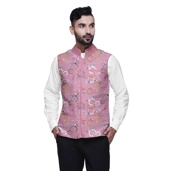 Atasi Bird Printed Nehru Jacket Mens Bandhgala Ethnic Jacket Party Wear Wedding Clothing-Medium
