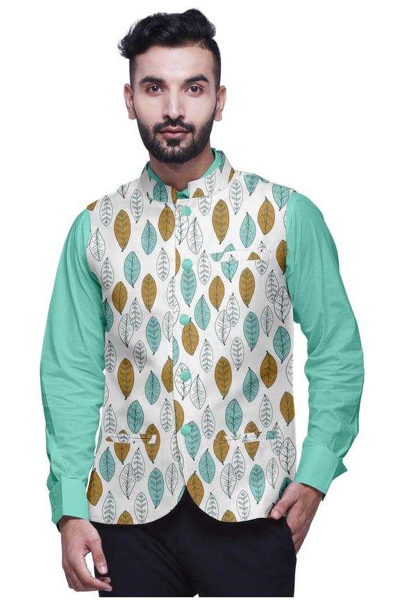 Block Casual Jacket For Men Printed Nehru Jacket Mens Wedding Indian Waistcoat Mandarin Blazer-Large