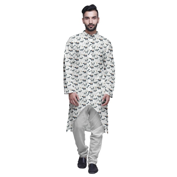 Atasi Button Down Asymmetrical Kurta For Men Printed Mandarin Long Sleeve Shirt