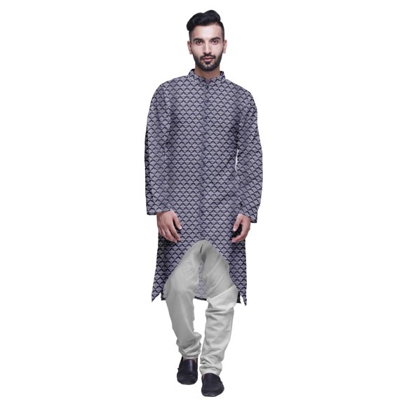 Atasi Button Down Asymmetrical Kurta For Men Printed Mandarin Long Sleeve Shirt