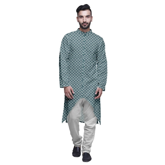 Atasi Button Down Asymmetrical Kurta For Men Printed Mandarin Long Sleeve Shirt