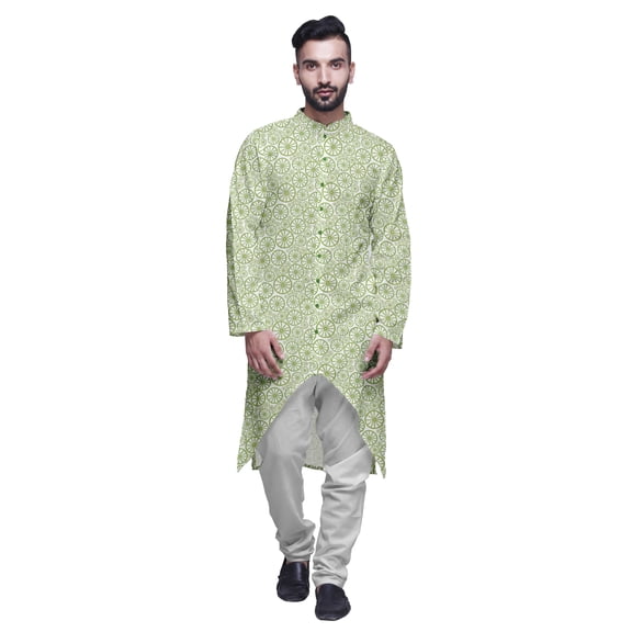 Atasi Button Down Asymmetrical Kurta For Men Printed Mandarin Long Sleeve Shirt