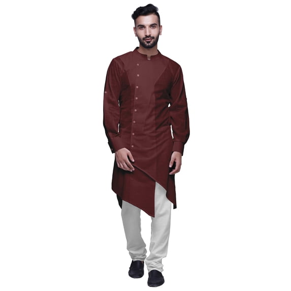 Atasi Button Down Long Kurta For Men Solid Chinese Collar Casual Ethnic Kurtas-Medium