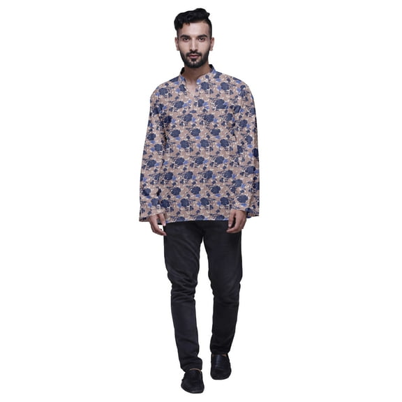 Atasi Button Placket Cotton Mens Kurta Shirt Printed Short Casual Kurta Shirt Dusty Rose