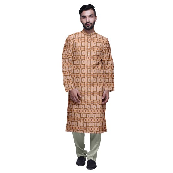 Atasi Button Placket Satin Slub Printed Mens Kurta With Churidar Kurta