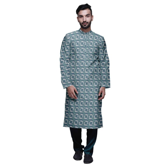 Atasi Button Placket Satin Slub Printed Mens Kurta With Churidar Kurta