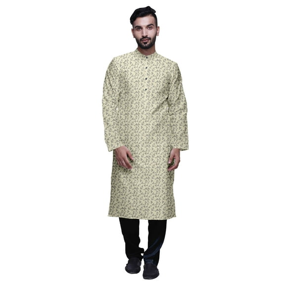 Atasi Button Placket Satin Slub Printed Mens Kurta With Churidar Kurta