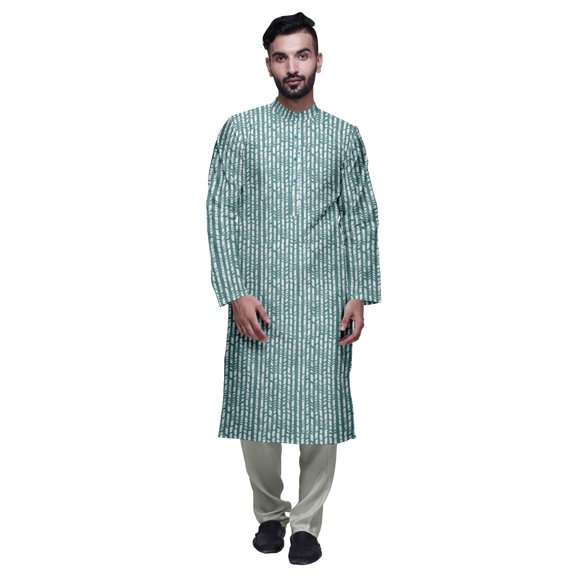 Atasi Button Placket Satin Slub Printed Mens Kurta With Churidar Kurta