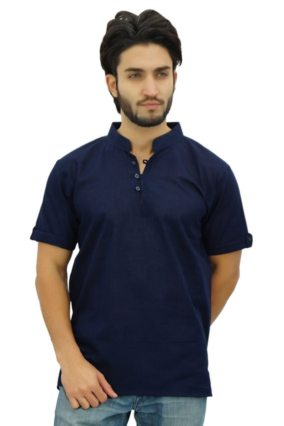 Casual Half Sleeves Men's Cotton Mandarin Collar Shirt Tunic-Large