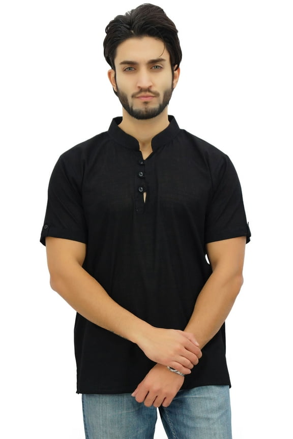 Casual Half Sleeves Men's Cotton Mandarin Collar Shirt Tunic-Medium