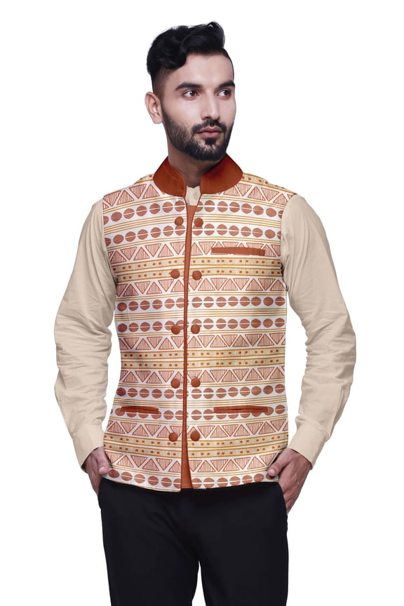 Casual Jacket For Men Printed Nehru Jacket Mens Wedding Indian Waistcoat Mandarin Blazer-Medium